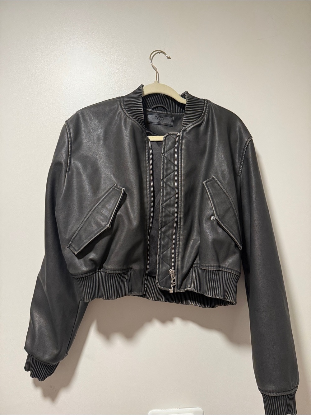 Blank NYC Black Faux Leather Cropped Bomber Jacket